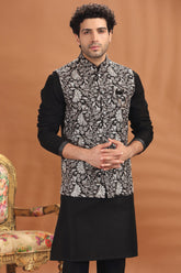 Black Silk Embroidered Kurta Pajama with Jacket